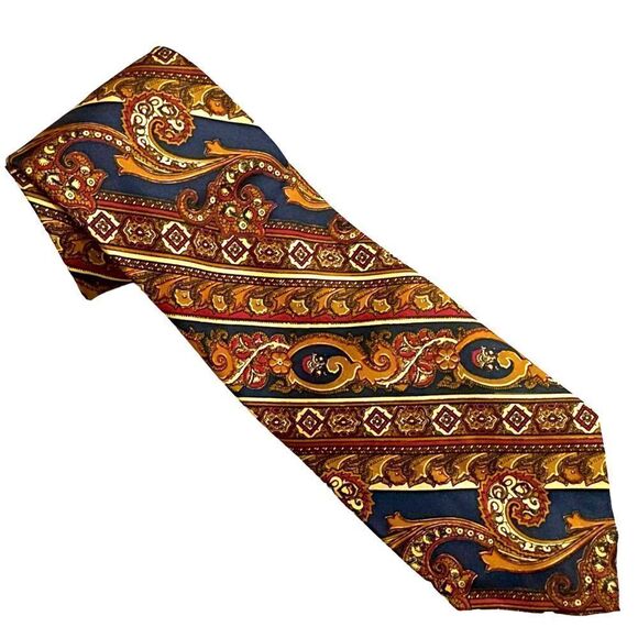 Vintage 70s John Comfort, England Gold and Navy Blue Paisley Striped Neck Tie - Picture 1 of 6